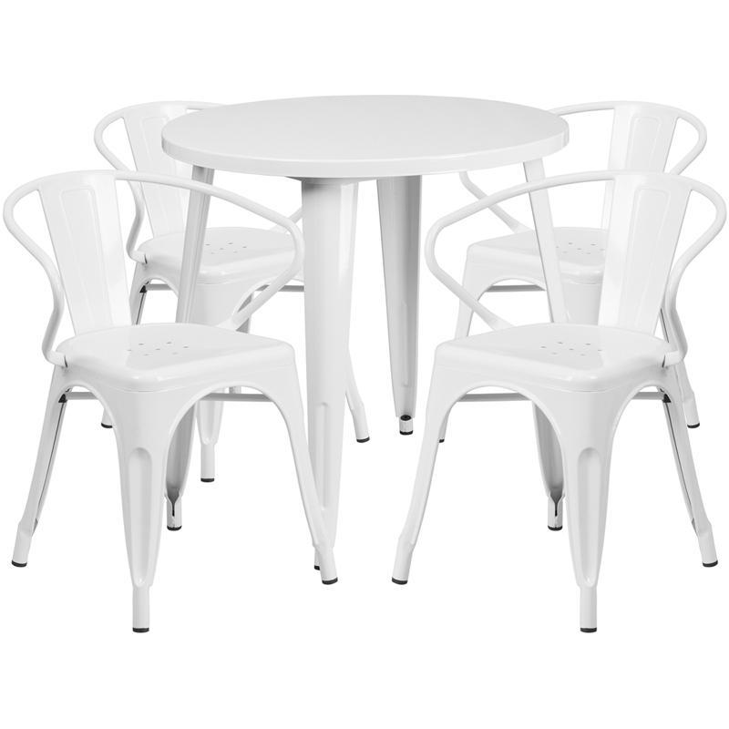 30'' Round White Metal Indoor-Outdoor Table Set with 4 Arm Chairs