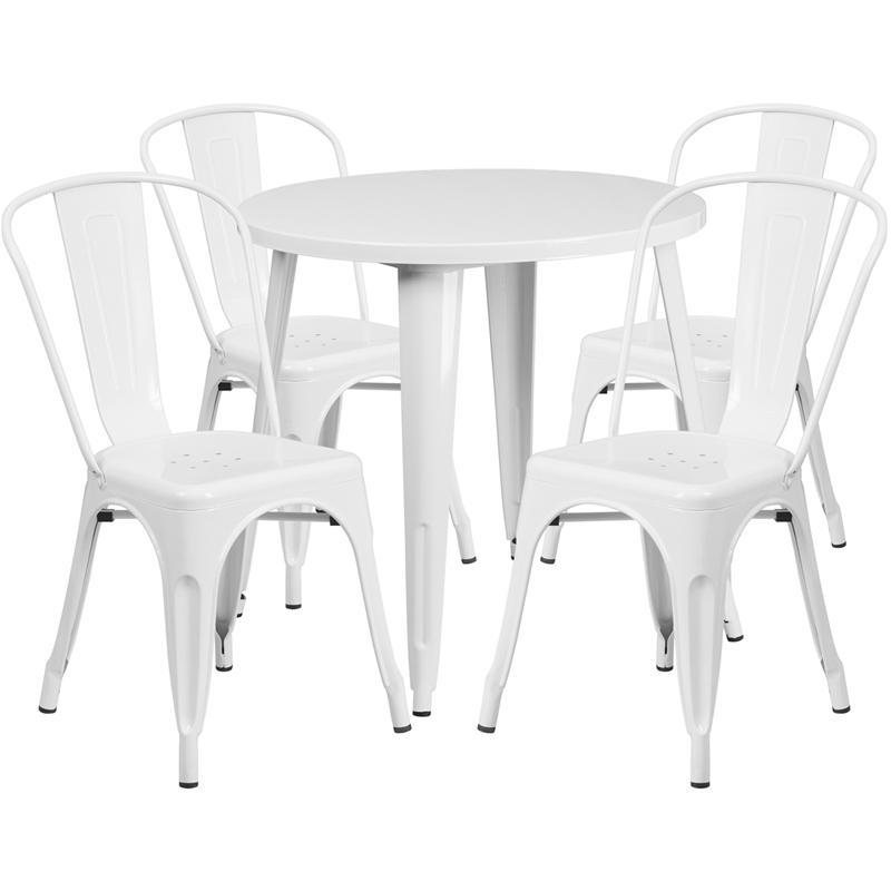 30'' Round White Metal Indoor-Outdoor Table Set with 4 Cafe Chairs