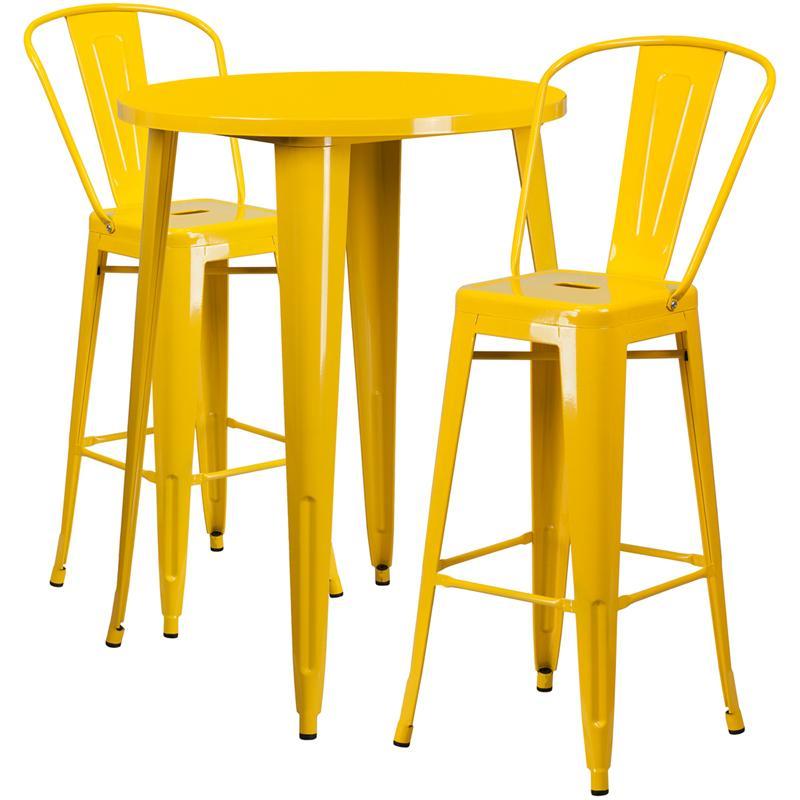 30'' Round Yellow Metal Indoor-Outdoor Bar Table Set with 2 Cafe Stools