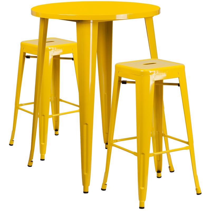 30'' Round Yellow Metal Indoor-Outdoor Bar Table Set with 2 Square Seat Backless Stools