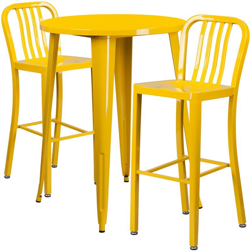 30'' Round Yellow Metal Indoor-Outdoor Bar Table Set with 2 Vertical Slat Back Stools