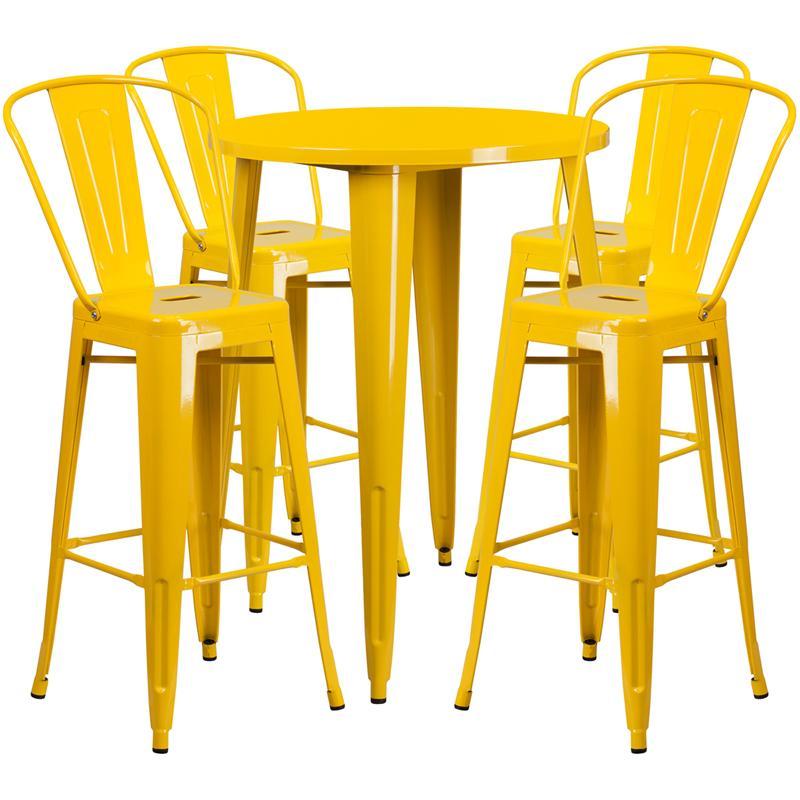30'' Round Yellow Metal Indoor-Outdoor Bar Table Set with 4 Cafe Stools