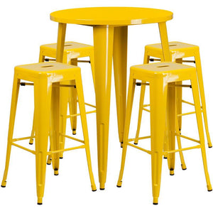 30'' Round Yellow Metal Indoor-Outdoor Bar Table Set with 4 Square Seat Backless Stools