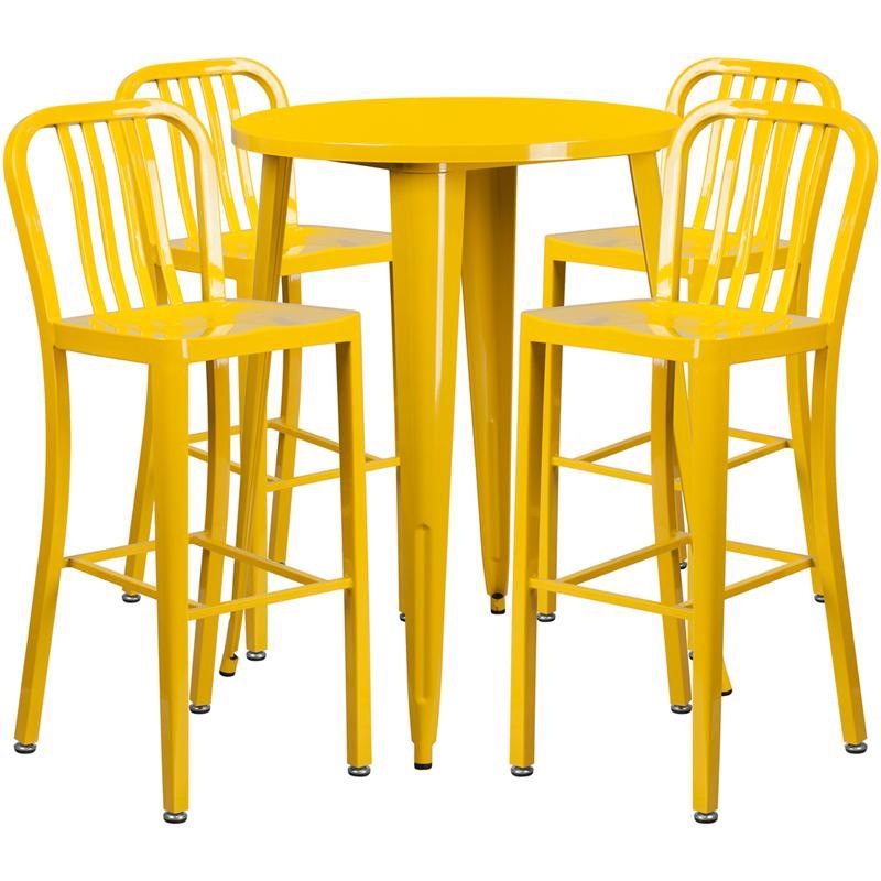 30'' Round Yellow Metal Indoor-Outdoor Bar Table Set with 4 Vertical Slat Back Stools