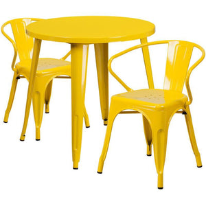 30'' Round Yellow Metal Indoor-Outdoor Table Set with 2 Arm Chairs