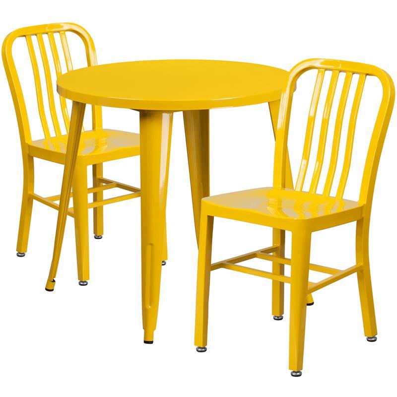 30'' Round Yellow Metal Indoor-Outdoor Table Set with 2 Vertical Slat Back Chairs