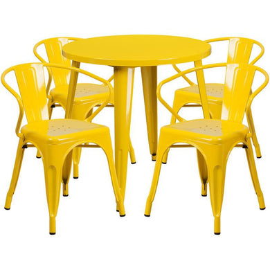 30'' Round Yellow Metal Indoor-Outdoor Table Set with 4 Arm Chairs