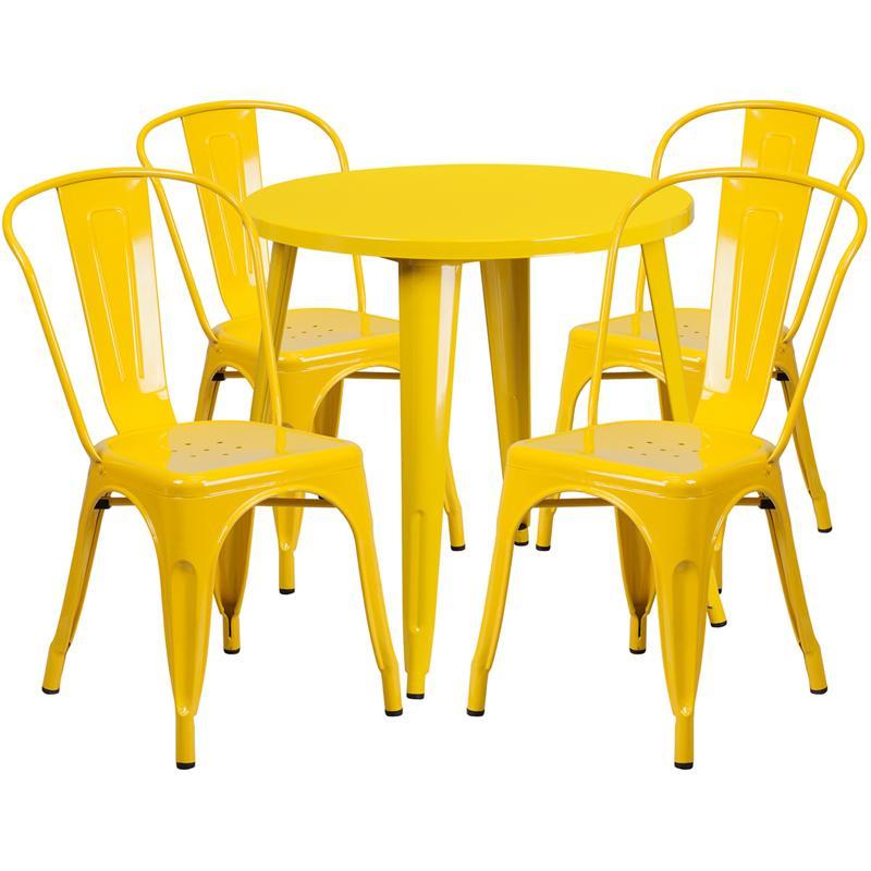 30'' Round Yellow Metal Indoor-Outdoor Table Set with 4 Cafe Chairs