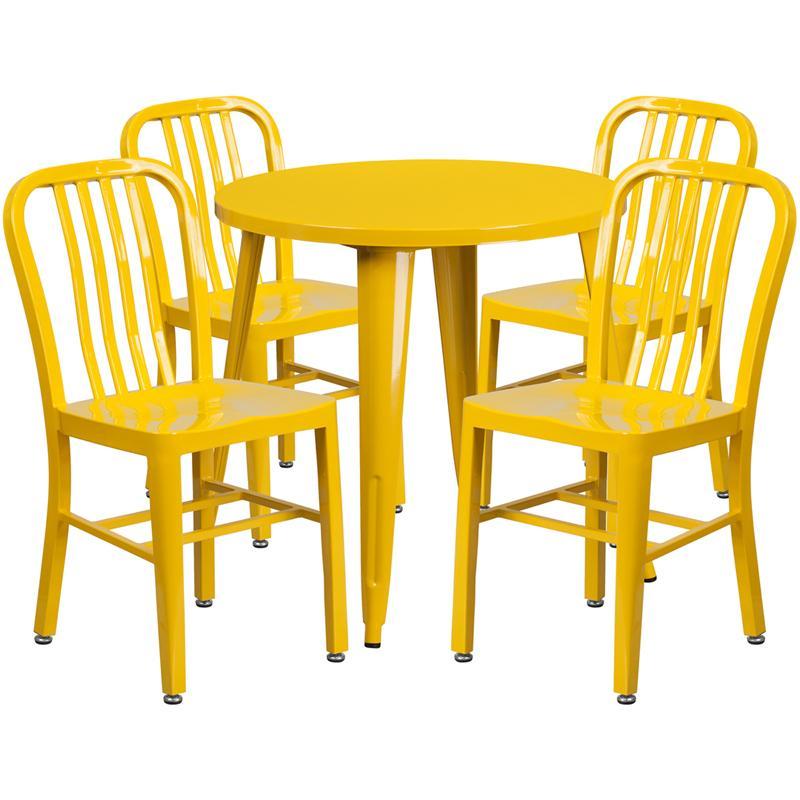 30'' Round Yellow Metal Indoor-Outdoor Table Set with 4 Vertical Slat Back Chairs