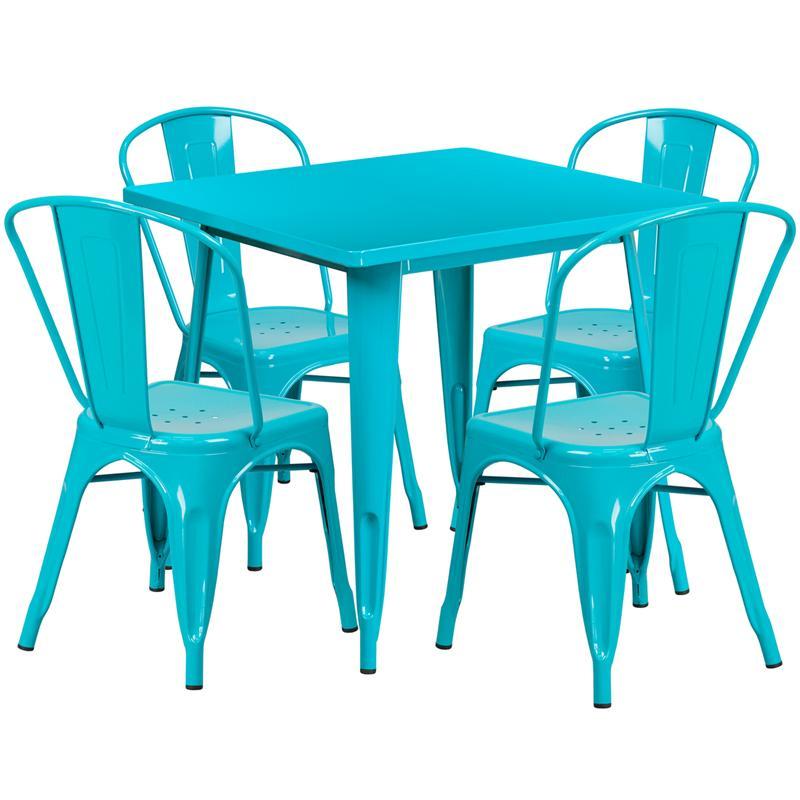 31.5'' Square Crystal Teal-Blue Metal Indoor-Outdoor Table Set with 4 Stack Chairs