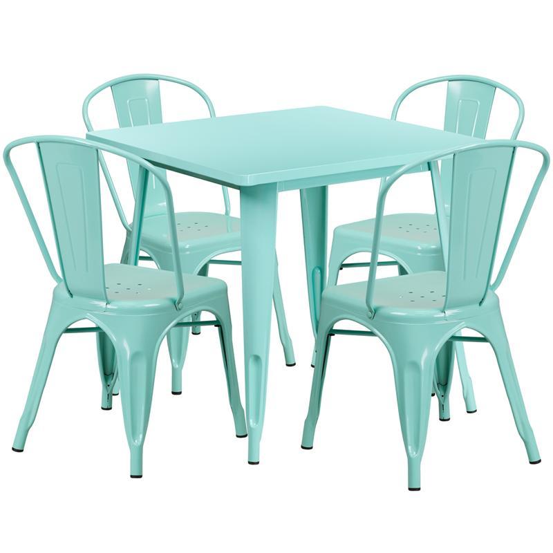 31.5'' Square Mint Green Metal Indoor-Outdoor Table Set with 4 Stack Chairs