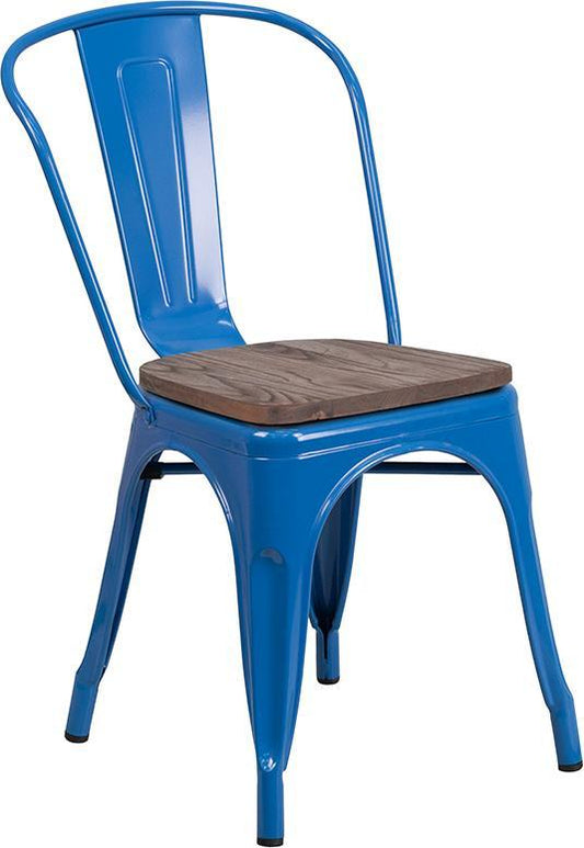 Blue Metal Stackable Chair with Wood Seat
