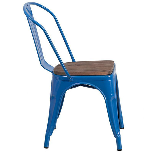 Blue Metal Stackable Chair with Wood Seat