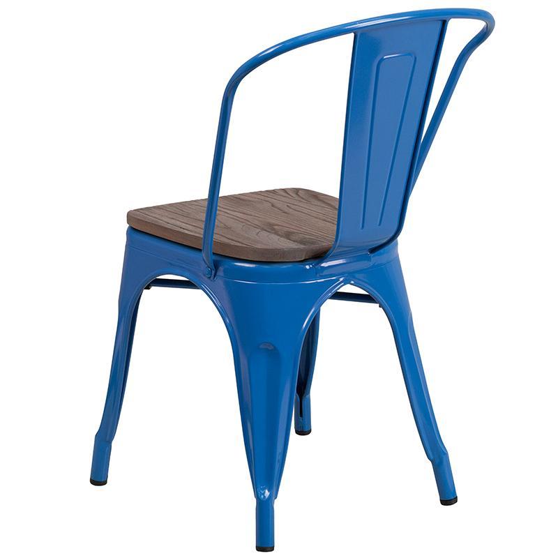 Blue Metal Stackable Chair with Wood Seat