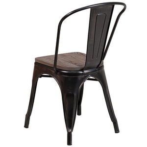Black-Antique Gold Metal Stackable Chair with Wood Seat