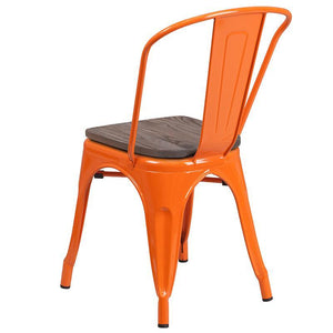 Orange Metal Stackable Chair with Wood Seat