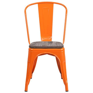 Orange Metal Stackable Chair with Wood Seat