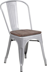 Silver Metal Stackable Chair with Wood Seat
