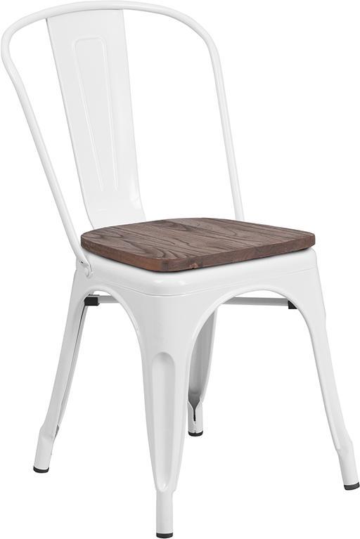 White Metal Stackable Chair with Wood Seat