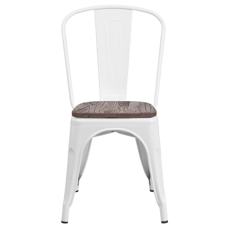 White Metal Stackable Chair with Wood Seat 1