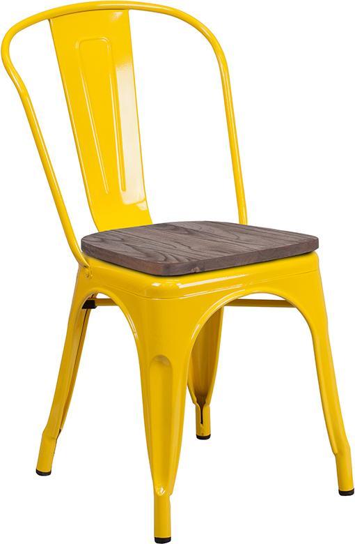 Yellow Metal Stackable Chair with Wood Seat