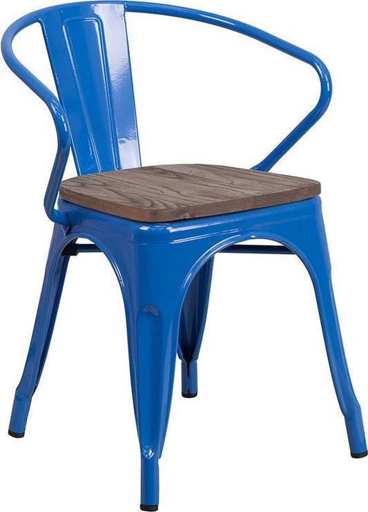 Blue Metal Chair with Wood Seat and Arms