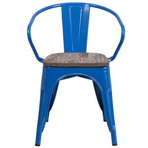 Blue Metal Chair with Wood Seat and Arms