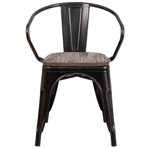 Black-Antique Gold Metal Chair with Wood Seat and Arms