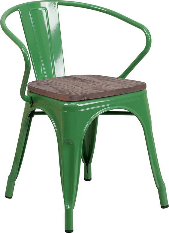 Green Metal Chair with Wood Seat and Arms