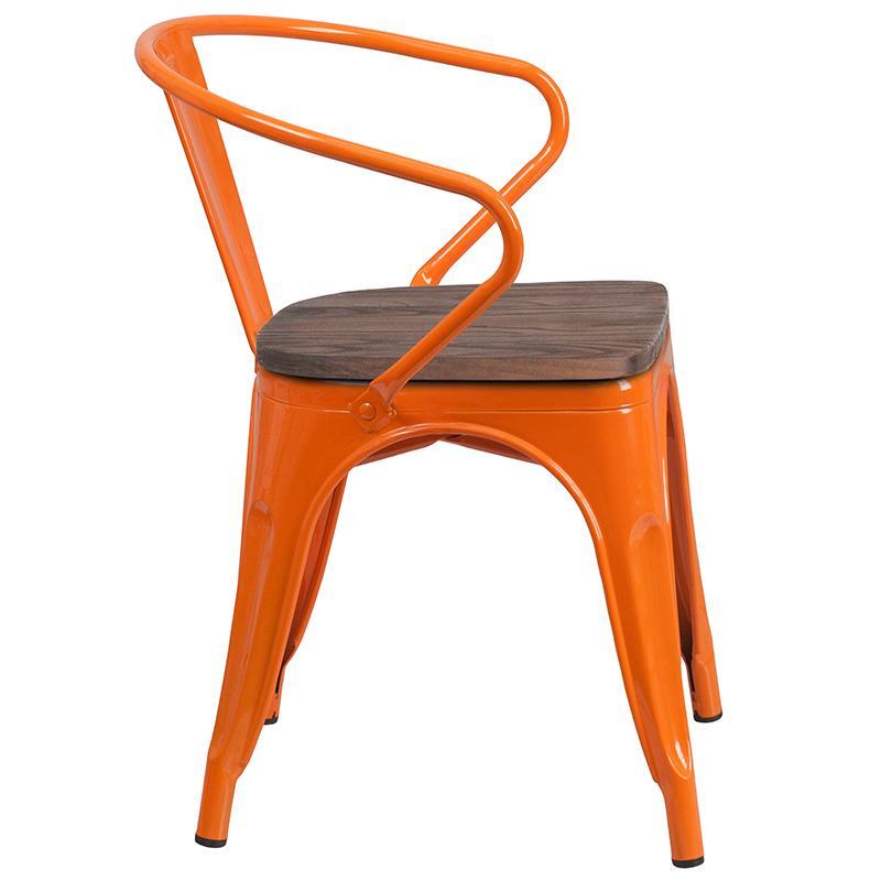 Orange Metal Chair with Wood Seat and Arms .4