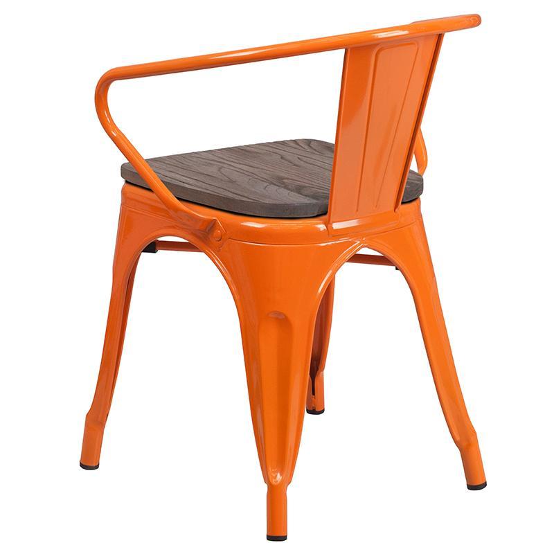Orange Metal Chair with Wood Seat and Arms .6
