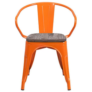 Orange Metal Chair with Wood Seat and Arms