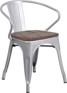 Silver Metal Chair with Wood Seat and Arms