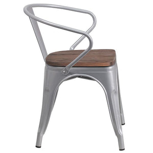 Silver Metal Chair with Wood Seat and Arms