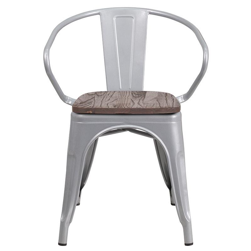 Silver Metal Chair with Wood Seat and Arms 1