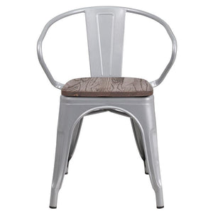 Silver Metal Chair with Wood Seat and Arms 1