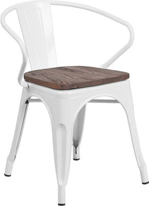White Metal Chair with Wood Seat and Arms