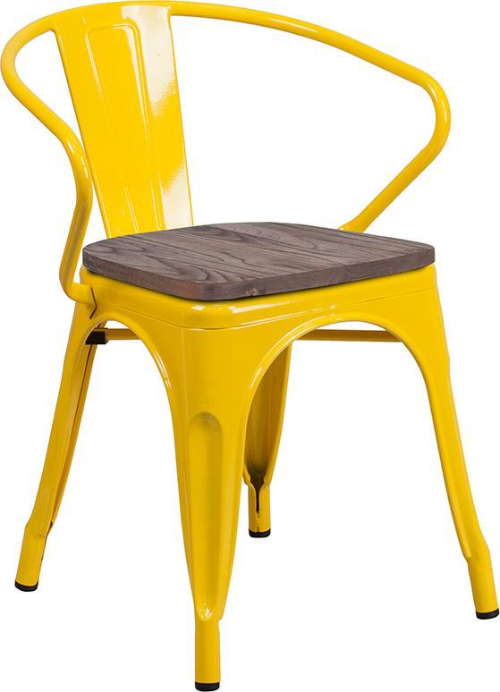 Yellow Metal Chair with Wood Seat and Arms