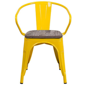 Yellow Metal Chair with Wood Seat and Arms