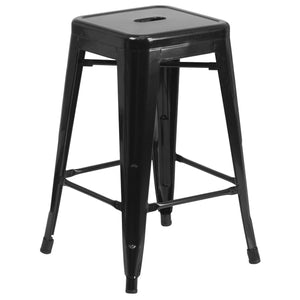 24'' High Backless Black Metal Indoor-Outdoor Counter Height Stool with Square Seat