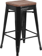 Load image into Gallery viewer, 24&quot; High Backless Black Metal Counter Height Stool with Square Wood Seat