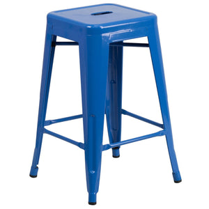24'' High Backless Blue Metal Indoor-Outdoor Counter Height Stool with Square Seat