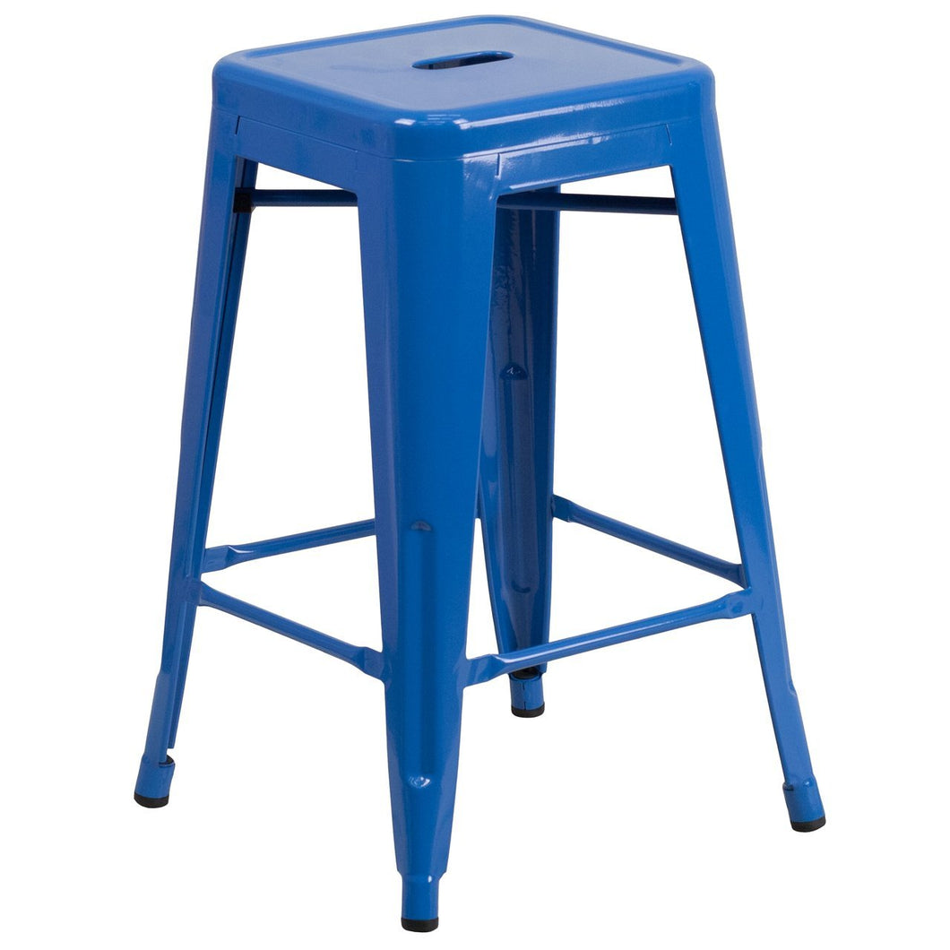 24'' High Backless Blue Metal Indoor-Outdoor Counter Height Stool with Square Seat