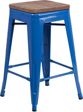 Load image into Gallery viewer, 24&quot; High Backless Blue Metal Counter Height Stool with Square Wood Seat