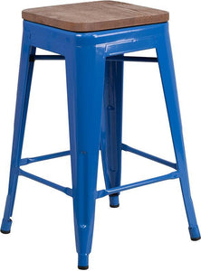 24" High Backless Blue Metal Counter Height Stool with Square Wood Seat