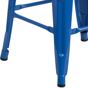 24" High Backless Blue Metal Counter Height Stool with Square Wood Seat