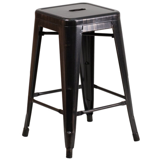 24'' High Backless Black-Antique Gold Metal Indoor-Outdoor Counter Height Stool with Square Seat