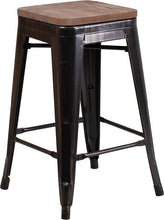 Load image into Gallery viewer, 24&quot; High Backless Black-Antique Gold Metal Counter Height Stool with Square Wood Seat