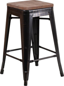 24" High Backless Black-Antique Gold Metal Counter Height Stool with Square Wood Seat