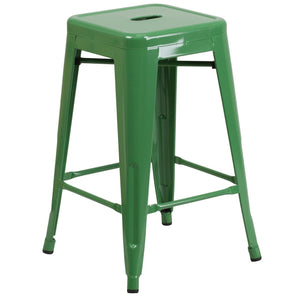 24'' High Backless Green Metal Indoor-Outdoor Counter Height Stool with Square Seat